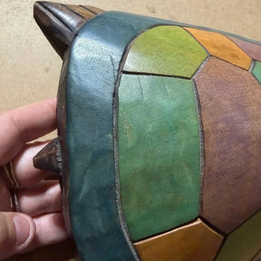 Hand Carved Wood Turtle Figurine Colorful Mosaic Shell Sculpture Folk Art Decor